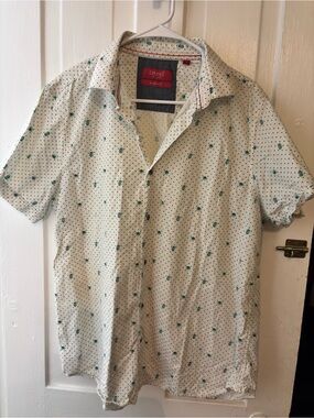 Bruno White Short-Sleeve Button-Down Shirt with Green Print